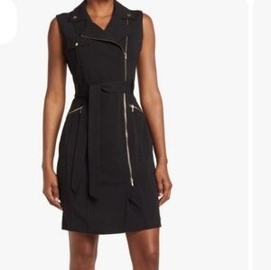 Calvin Klein Black Sleeveless Moto-Inspired Midi Dress with Waist Tie